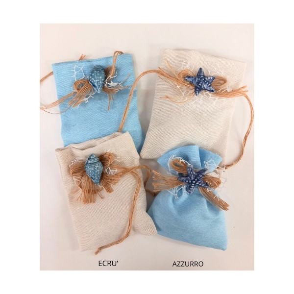 Sacchetto tessuto con applicazione ceramica ,fiocco corda e pizzo.MIS.13X16CM