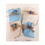 Sacchetto tessuto con applicazione ceramica ,fiocco corda e pizzo.MIS.13X16CM