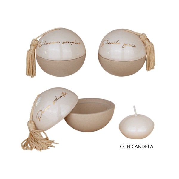 Scatolina sfera ceramica con scritte,nappa e candela ASS.3 MIS.7X7CM