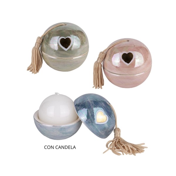 Scatolina sfera ceramica con cuore oro ,nappa e candela ASS.3 MIS.7X7CM