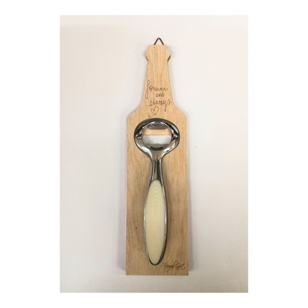 Apribottiglie metallo su base forma bottiglia legno. CM 23x6 con scatola da appendere
