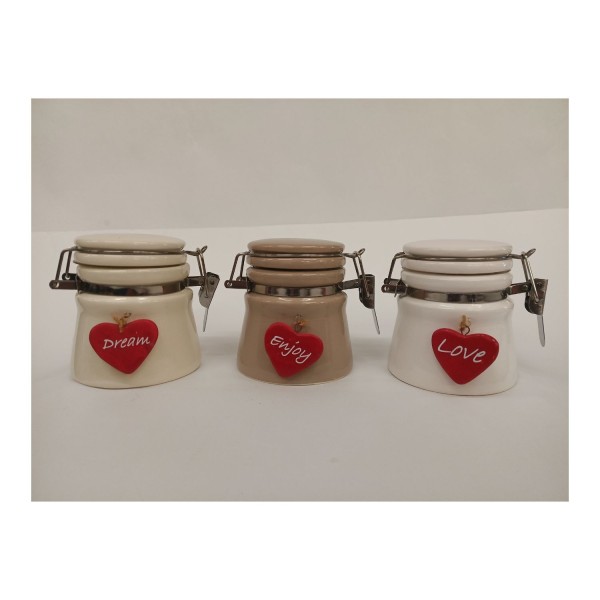 Barattolo ceramica con ciondolo cuore ASS.3  DIAM.7,3 H 7,5CM