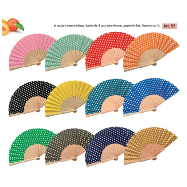 Ventaglio in tessuto e manico legno ASS.12 colori DIAM.42CM