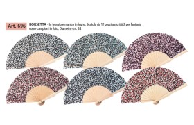 Ventaglio BORSETTA in tessuto e manico legno ,assortiti come in foto.DIAM.34CM