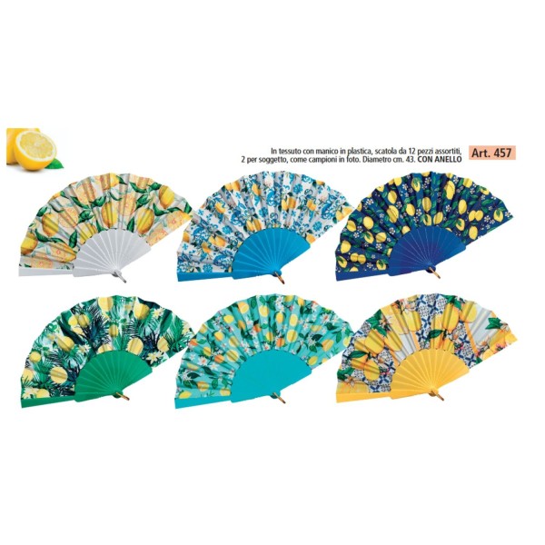 Ventaglio tessuto e manico plastica,assortiti come campioni in foto.DIAM.43CM con anello