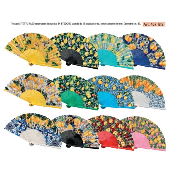 Ventaglio tessuto effetto raso e manico plastica ASS.12 DIAM.43CM