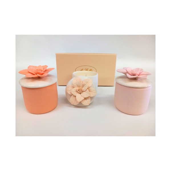 Scatola ceramica con fiore porcellana e candela.ASS.3 con box. DIAM.6 H8CM