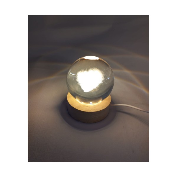 Sfera vetro con nuvola cuore base legno e cavo USB.DIAM.6 H 8CM