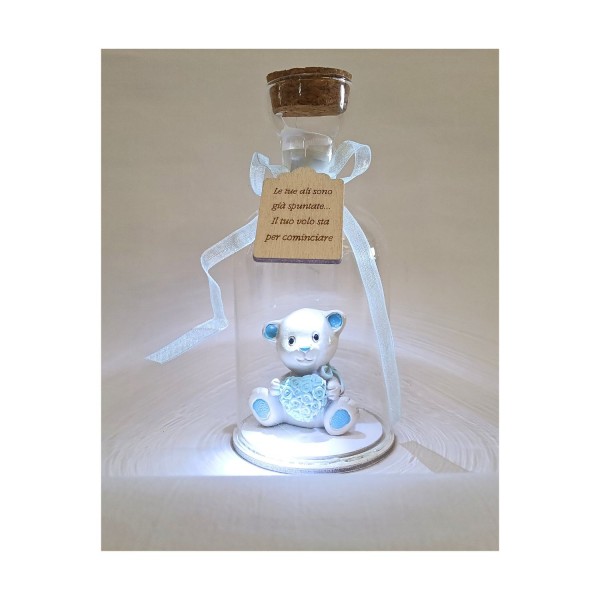 Bottiglia vetro con orsetto resina e luce LED. H 15CM