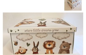 Scatola cartone con manici plastica e decoro animali. MIS.47X42 H 21CM