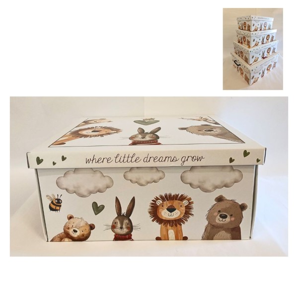 Scatola cartone con manici plastica e decoro animali. MIS.47X42 H 21CM