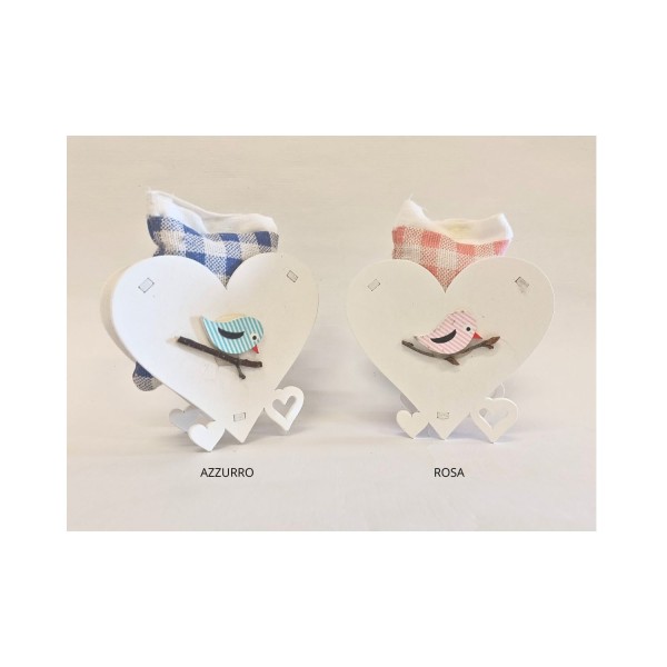 Cuore in legno con applicazione uccellino rosa e azzurro con sacchettino interno.