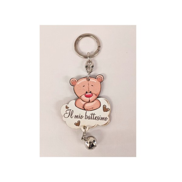 Portachiavi legno orso con campanella e frase.Mis.5x5 MADE IN ITALY