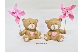 Orso resina salvadanaio rosa con girandola .Ass. 2 H14