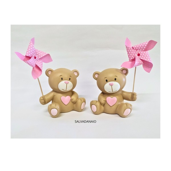 Orso resina salvadanaio rosa con girandola .Ass. 2 H14