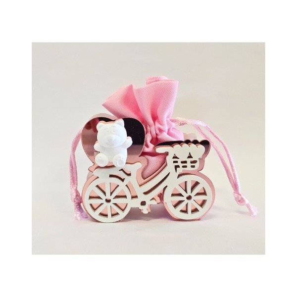 Scatolina bicicletta in plexi rosa con sacchetto cotone.MIS.8X8CM