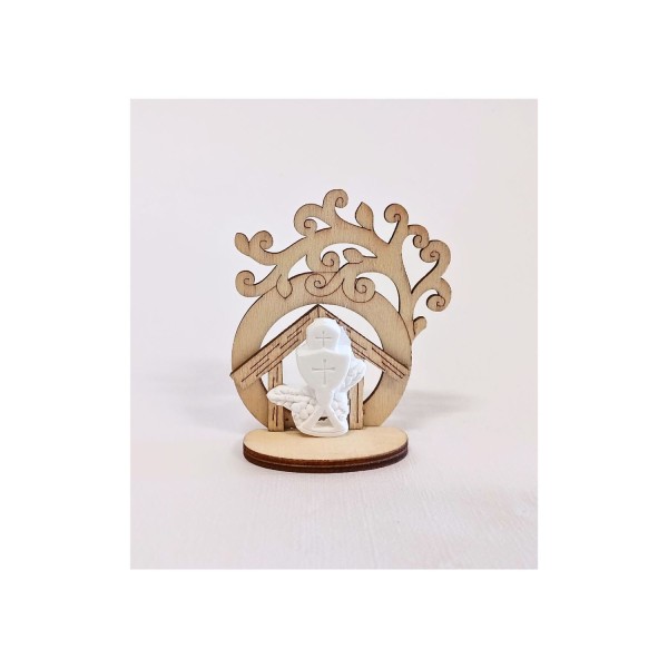 Casetta legno con albero e immagine sacra COMUNIONE. H 7