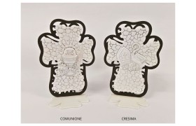 Icona resina forma croce con retro legno traforato. H 12