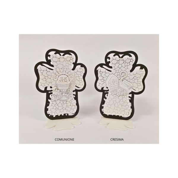 Icona resina forma croce con retro legno traforato. H 12