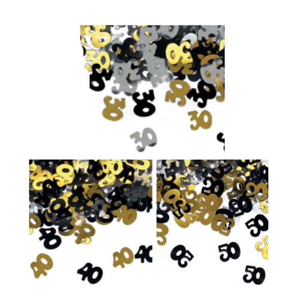 Set 15 GR coriandoli forma numeri in plastica oro, nero e argento decorativi.